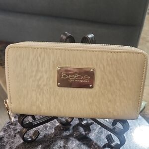 bebe Cream Zip-Around Wallet with Gold Logo Plate